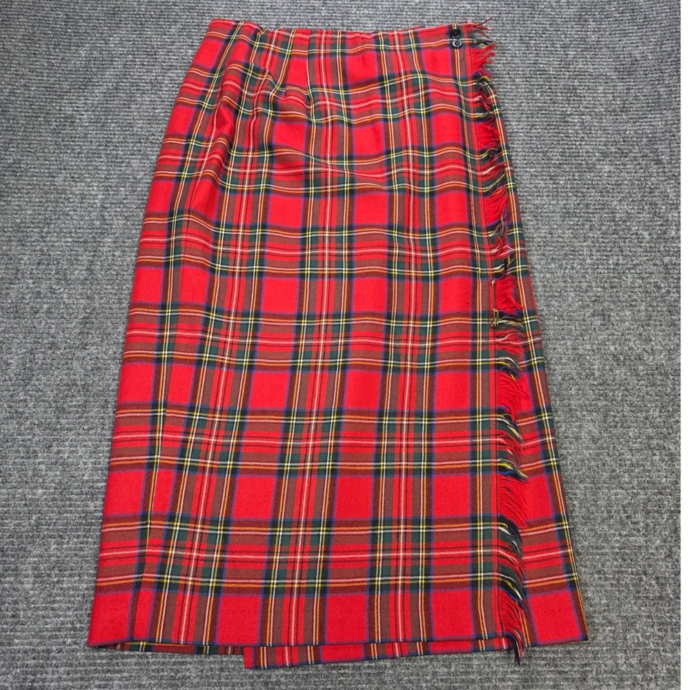 Rafaella VTG Worsted Wool Kilt Wrap Midi Skirt Women's Size 14 Red Plaid Fringe